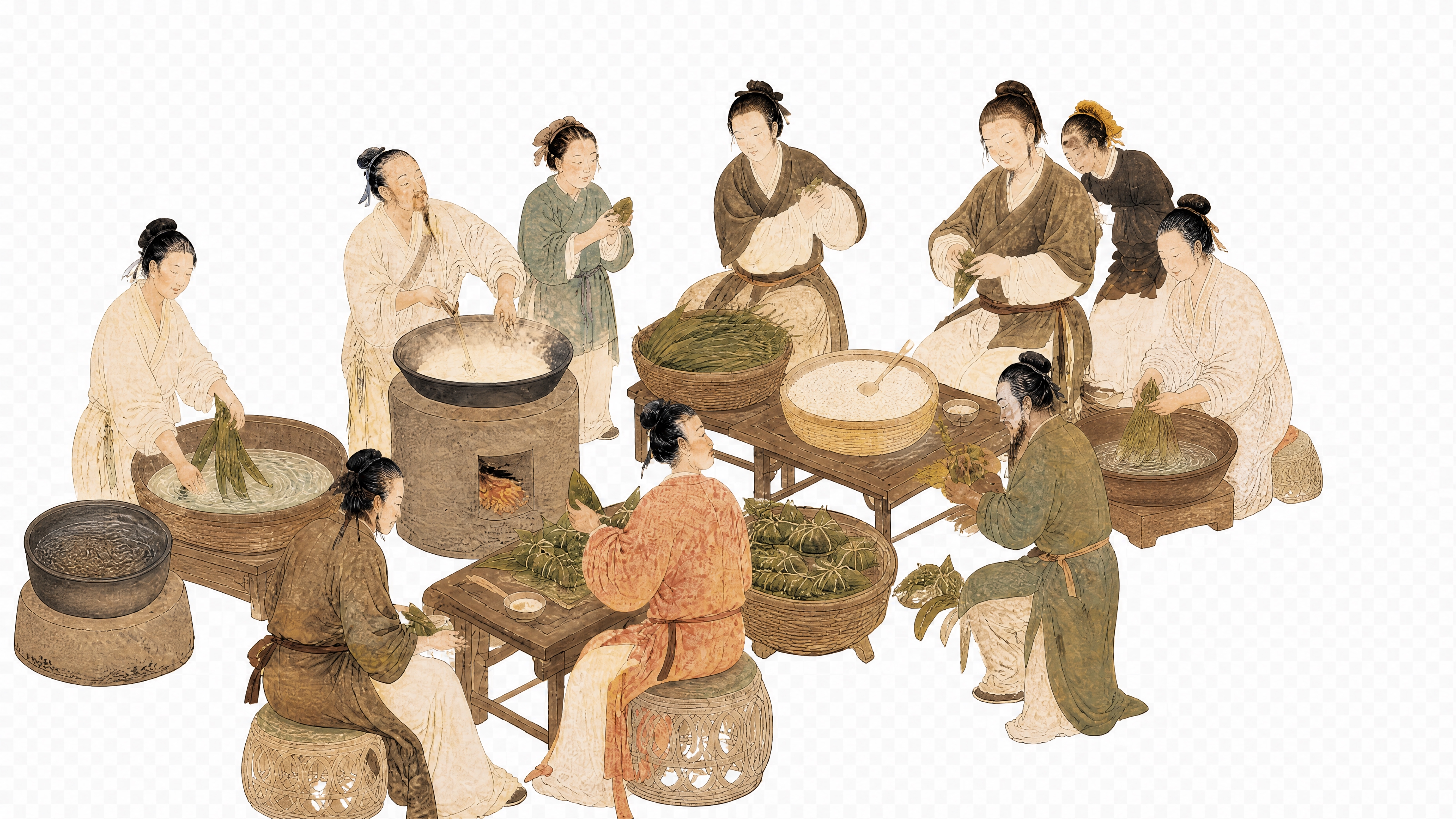 参考图中古代人物的服饰、面容和工笔画风格，重新生成横版构图画面… - 图片创意预览