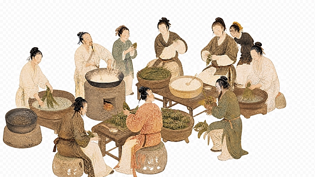 参考图中古代人物的服饰、面容和工笔画风格，重新生成横版构图画面。画面中众人围坐一起包粽子、煮粽子、洗粽叶、淘米，人物神态生动自然，动作丰富有生活气息。整体为中国古代工笔画古韵风格，线条细腻，设色典雅，高清精致。画面为透明背景，无底色无底图，只保留人物和相关物品元素。