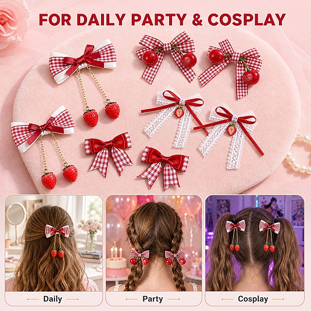 [主图-5] 商品名称 8 Pcs Red Gingham Bow Hair Clips with Cherry & Strawberry Charms, Lace Ribbon Hair Accessories。唯一任务：适用场合展示，说明日常 派对 与 Cosplay 三种使用情境。
[统一基调] 背景主色柔粉奶白到浅粉，主标题统一现代几何无衬线粗体深樱桃红，辅助文字同族无衬线中黑深灰，强调色浅金与纯白，组件统一白色半透明圆角卡片配浅粉细描边与浅金细引线，全套只用这一套字体与色阶。
[画面] 主视觉位于画面上半部：8 件发夹在浅粉丝绒垫上呈扇形错落排列，产品占比约 60%，视角为略高角度俯视；下半部并排 3 个圆角场景小窗，每窗底部标注英文 Daily、Party、Cosplay。Daily 小窗为明亮书桌与梳妆镜旁，半扎公主头上佩戴一枚格纹草莓吊坠发夹的头顶后方局部，自然窗光；Party 小窗为粉色气球与蛋糕的生日派对现场，双麻花辫发梢佩戴两枚发夹的局部，暖色灯光；Cosplay 小窗为粉紫色漫展风格房间，双马尾佩戴发夹的局部，冷调霓虹补光。三个小窗使用同一位欧美成年女性，蜜糖金棕色长发，只露头部后方与发梢局部，发型与光源各不相同，不使用参考图人物特征；小窗内产品外观结构材质颜色与输入图一致，佩戴接触关系真实。
[光影质感] 主视觉为柔和棚拍光，小窗光影随各自场景变化，产品融入自然、无白底残留与悬浮感。
[配色] 沿用统一基调，场景色只作环境色。
[文字版式] 上方主标题英文 FOR DAILY PARTY & COSPLAY 深樱桃红粗体，小窗名称统一小号深灰，字体与整套一致，文字放在留白处不压产品。
[输出要求] 1:1 方形 2048x2048。负向：多余手指、畸形手、面部扭曲、产品变形、中文文字、水印、平台 Logo、杂乱背景。