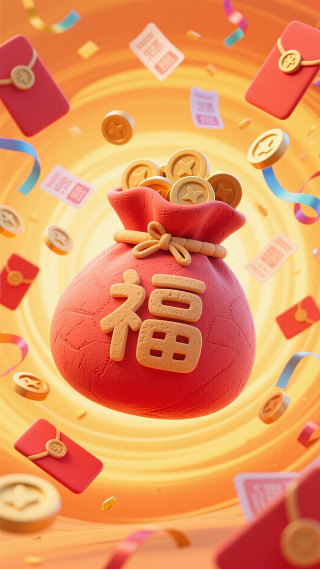 前景是一个大的红色福袋悬空，里面有金币，背后散发着光芒，背景是一个节日漩涡，橙黄渐变色的漩涡中有许多红包、金币、优惠券、彩带等。热闹氛围。