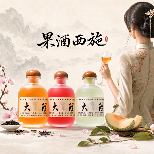 最终调优：确保画面整体为高级新中式风格，色调柔和统一，光影自然；三瓶酒、书法logo‘果酒西施’、复古旗袍女生、果酒杯、普洱茶、桃花、哈密瓜等所有元素协调不冲突；无杂乱阴影，留白得当，1:1比例，4K预览效果