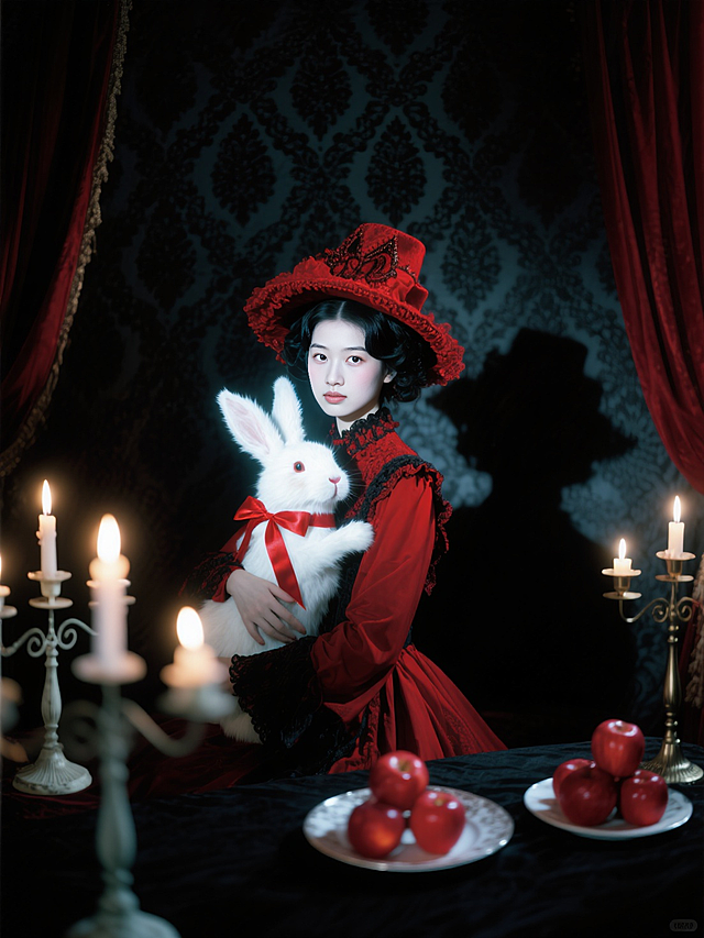 身着红色哥特风服饰、头戴红色华丽帽子的人物，怀抱系着红丝带的白色兔子；身处带有深色花纹墙布、红色窗帘的场景，周围有燃烧的烛台、摆放着红苹果的盘子，整体营造出神秘暗黑的哥特式童话风格场景。