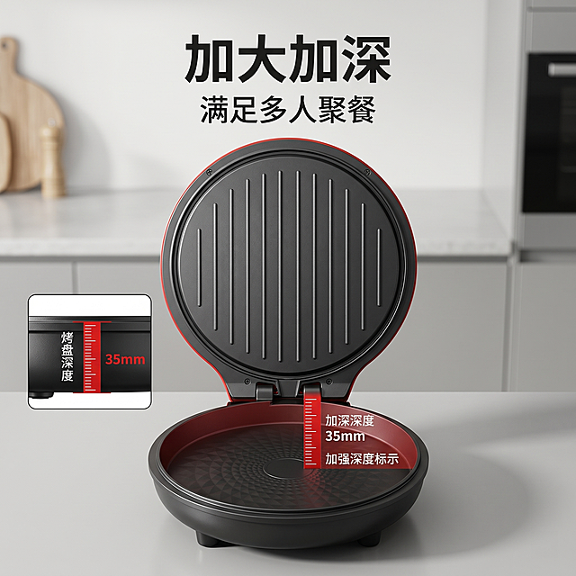 [主图-2] 万利达电饼铛加大加深卖点展示；氛围风格：现代简约质感厨房场景；画质：商业摄影质感，光线柔和通透，产品清晰真实，画面干净高级；元素：打开状态的万利达电饼铛居中，用深度尺子图示标注加深深度，保持电饼铛的外观、结构、颜色和材质与输入产品图绝对一致，杜绝任何变形和色差，精细化处理。商品主体占比约60%，画面满屏无边框；光影：均匀厨房自然光，突出加深烤盘的立体结构，光影层次清晰；配色：浅灰色台面背景，搭配电饼铛本身红黑配色，刻度线使用红色突出；视角构图：略微俯视平视，主体居中展示烤盘结构；文字版式：顶部大字文案“加大加深”，下方小字标注“满足多人聚餐”，左侧小图框放大展示烤盘深度剖面图示，标注深度数值，文字清晰，不遮挡主体；比例分辨率：1:1比例，2k分辨率，文字清晰锐利，画面超高清；负向提示词：变形，水印，文字错乱，产品图模糊，背景杂乱，遮挡主体