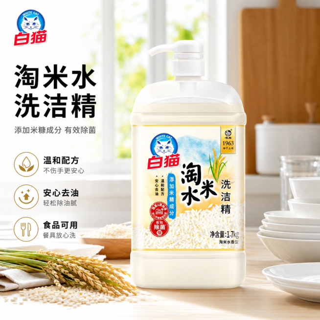 [主图-1] 白猫淘米水洗洁精产品场景首图。保持白猫淘米水洗洁精产品外观（即物理结构、材质质感、颜色）与输入产品图绝对一致，杜绝任何变形和色差，精细化处理。商品主体居中放置，商品主体占比严格控制在60预览效果