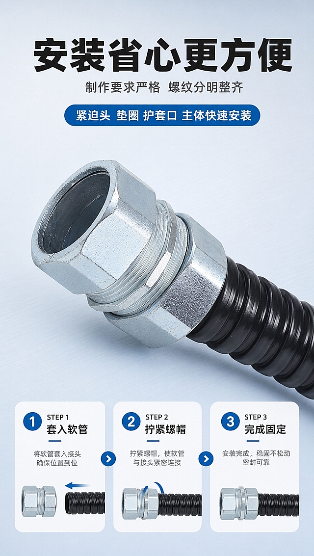 [商品] 使用【图4】镀锌自固接头与黑色金属软管连接状态；保留接头六角外形、螺纹结构、镀锌银色质感，保留黑色波纹管外观；接头与软管连接紧密，展示安装完成状态。
[画面] 页面目标：安装便捷性展示，突出快速安装。构图：上下结构，顶部标题区25%，中部产品安装展示区50%，底部步骤说明区25%。产品斜向摆放，接头与软管连接，占画面45%。底部三步安装步骤横排。背景：浅灰蓝渐变，简洁干净。
[视觉] 套系策略：风格=工业五金专业商业摄影风；标题字=粗黑无衬线黑体；正文字=常规无衬线黑体；主色=浅灰蓝(#E8EEF4)；背景延展=基于浅灰蓝做上下深浅渐变、同色系微质感；强调色=深蓝(#1E6FB8)，仅用于小面积图标、引线、标签和按钮；标题色=深炭灰(#222222)；正文色=中灰(#555555)；组件=圆角步骤卡、数字序号、箭头图标；光影=左前侧45度柔光，突出金属反光和软管纹理。
[文字] 顶部主标题：安装省心更方便；副标题：制作要求严格 螺纹分明整齐。底部三步安装：STEP 1 套入软管、STEP 2 拧紧螺帽、STEP 3 完成固定。每步配小图标和简短说明。蓝色标签：紧迫头 垫圈 护套口 主体快速安装。
[规格] 图片比例9:16竖版，4K分辨率，负向提示：避免变形、错字、文字过小、产品结构改变、颜色失真、背景杂乱。