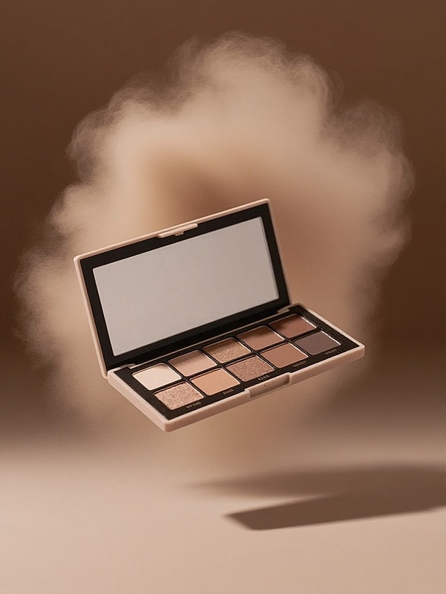 商业静物摄影。主体悬浮空中，后方飘扬大面积的咖色粉雾，粉质轻盈，咖色渐变背景，柔和的光影。