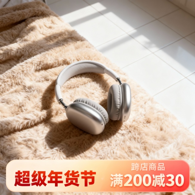 主体位于卧室白色瓷砖地米色毛绒毛毯上（主体占画面比60%，俯拍视角），暖色调自然光影，居家温馨感。底部装饰渐变优惠券样式文字框“左侧：超级年货节，右侧跨店商品满200减30”）预览效果
