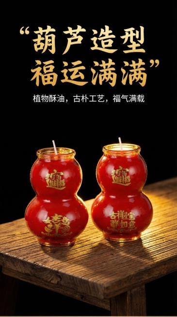 电商详情页第二页，展示产品整体外观特写，产品是红色葫芦造型玻璃罐装植物酥油蜡烛，产品保持原图样式不变，纯黑色背景，古朴国风，背景添加木质台面和光影效果，文字内容：“葫芦造型 福运满满”，金色大字标题，预览效果
