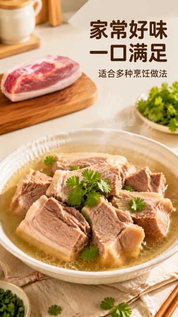 [第4屏] 家常烹饪场景展示，展示土猪后腿肉成品菜品效果，唤起购买欲望。本屏使用【图1】作为生肉产品展示。
[氛围/风格] 温馨家常烟火气，暖调厨房场景，真实美食摄影质感。
[元素布局] 画面下半部分预览效果