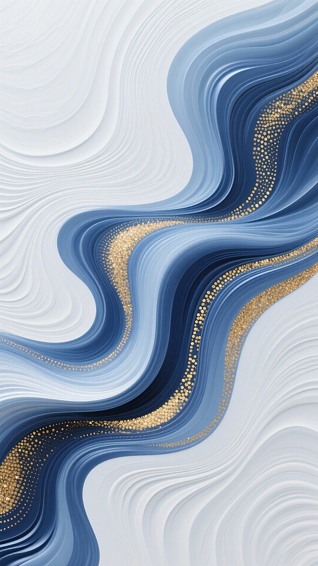 蓝白流线交织，鎏金点缀，软3D液态风呈现抽象现代感，优雅奢华，极繁主义美学尽显。