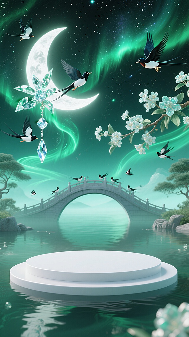 梦幻的七夕氛围，新月、极光交织，鹊桥横跨湖面，花枝缀着白花与水晶，喜鹊翩飞，浪漫又神秘，尽显七夕的美好意境。
