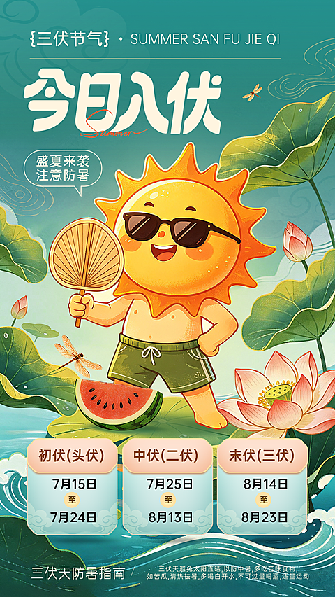 三伏天入伏知识科普创意卡通风竖版海报