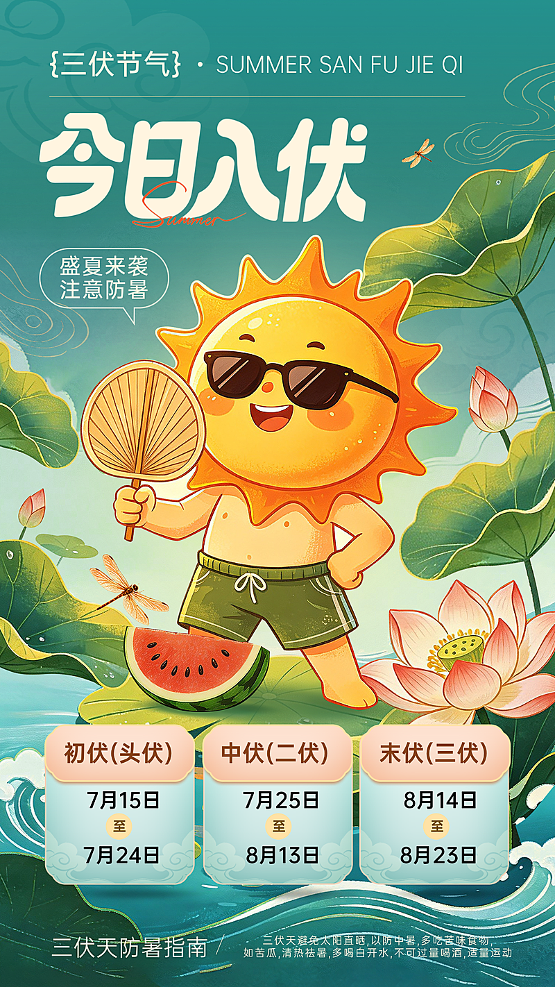 三伏天入伏知识科普创意卡通风竖版海报