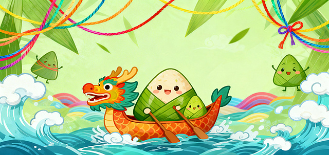 卡通风格端午节背景，缩小粽子和龙舟主体尺寸，增加更多背景装饰，保留整体构图和风格，不改变比例，背景保留波浪、彩带和粽叶元素