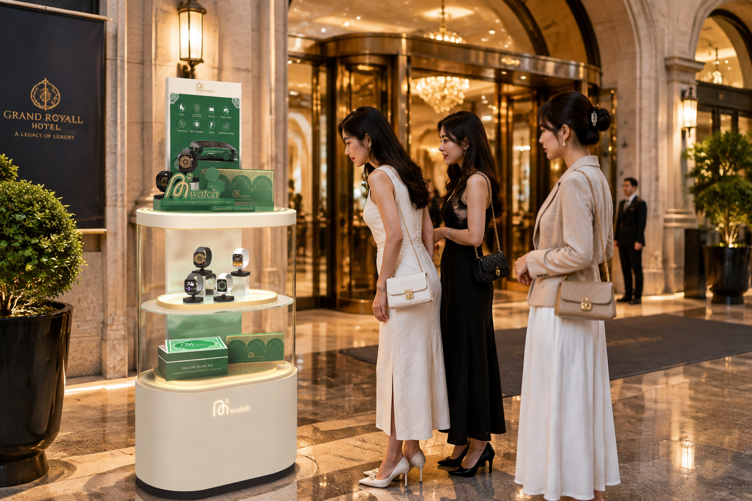 将图中的落地式三层圆柱形透明玻璃智能手表展示装置放置在豪华酒店… - 图片创意预览