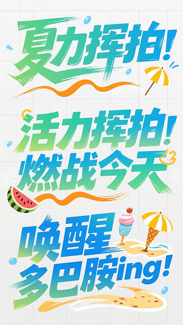 球场场景的夏日主题创意艺术字体设计，白色背景，力量感的粗体书法笔触与现代无衬线字体相结合，主色调为清爽明亮的渐变蓝绿色系（薄荷绿、天空蓝、海水蓝），搭配活力橙黄色作为点缀，整体色彩呈现夏日清凉感。字体具有立体光影效果、锐利边缘与笔画末端的动感飞白设计，融入波浪线条、水滴、西瓜纹、冰淇淋、太阳伞、沙滩等夏日图形作为字体装饰或背景纹理。排版采用整齐的网格布局，每行3个词组，文字内容为“活力挥拍 燃战今天”“唤醒多巴胺ing”等适合电商夏日促销的简洁有力文案，整体充满夏日活力与促销氛围，视觉层级清晰，字体与夏日元素融合自然，干净的浅色调背景突出文字主体