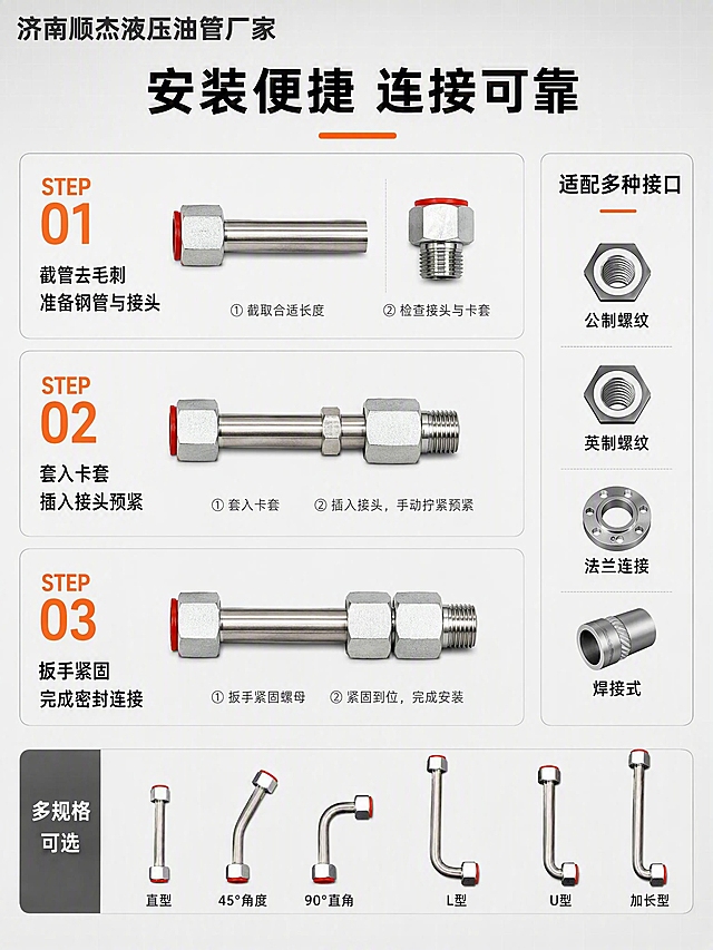 [第5张] 详情页安装连接演示-卡套液压钢管安装步骤与适配说明。本张使用【图1】作为商品主体。
[氛围/风格] 工业教学风，清晰明了，步骤直观，商业产品摄影质感。
[元素布局] 浅灰色背景，带极淡网格线。画面分为上中下三步安装演示区，每步展示卡套液压钢管的安装状态：第一步 准备钢管与接头，第二步 插入卡套预紧，第三步 紧固完成。每步配有对应的产品局部图，保持液压钢管产品外观与输入产品图完全一致，杜绝变形和色差。左上角品牌名「济南顺杰液压油管厂家」。右侧有适配接口说明区。
[光影质感] 均匀柔光照明，产品清晰明亮；每步演示图光线一致，金属质感统一。
[配色色系] 全局底色 #F8F9FA 浅灰白；主色金属银灰；辅助色深灰（文字）；点缀色工业橙（步骤号与强调）。
[视角构图] 竖版上下排列，三步从上到下依次排列，左侧步骤图右侧说明文字，阅读动线自上而下。
[文字版式] 左上角品牌名「济南顺杰液压油管厂家」深灰色粗体。顶部居中主标题「安装便捷 连接可靠」黑色粗体大号字，下方橙色短横线。三步分别标注：STEP 01 截管去毛刺 准备钢管与接头 STEP 02 套入卡套 插入接头预紧 STEP 03 扳手紧固 完成密封连接。每步左侧橙色大号步骤号，右侧两行文字说明。右侧适配说明区标题「适配多种接口」，下方列出「公制螺纹」「英制螺纹」「法兰连接」「焊接式」等适配类型图标。现代工业无衬线字体。
[比例分辨率] 1440x1920，3:4竖版比例，2K分辨率，文字清晰可辨，高清画质。
[负向提示词] 变形，水印，文字错乱，产品图模糊，背景杂乱，人物，手指，电商平台Logo。