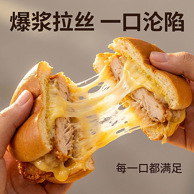 [主图主题] 鸡肉堡拉丝细节特写图
[氛围/风格] 微距特写，食欲拉满，自然暖光氛围
[画面元素] 用手掰开鸡肉堡，芝士超长拉丝，清晰放大展示芝士的柔润粘稠质感和鸡肉的纹理，背景虚化突出细节，阳光逆光穿透芝士呈现通透光泽，画面充满动态诱人感
[配色色系] 主色调：芝士奶黄色、面包金黄色；辅助色：浅暖灰色背景
[视角构图] 微距特写，焦点对准拉丝部位，浅景深突出主体
[文字版式] 顶部主标题“爆浆拉丝 一口沦陷”，加粗无衬线字体；右下角小字标注“每一口都满足”，文字悬浮不遮挡主体拉丝细节。
[分辨率] 2k 分辨率