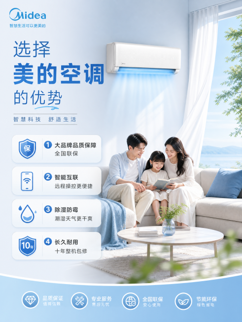 美的空调宣传海报，主题是选择美的空调的优势，文案：1.大品牌品质保障，全国联保 2.智能互联，远程操控更便捷 3.除湿防霉，潮湿天气更干爽 4.长久耐用，十年整机包修，简约清新家居风，展示客厅摆放美的预览效果