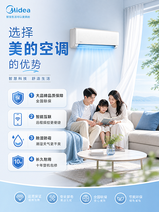 美的空调宣传海报，主题是选择美的空调的优势，文案：1.大品牌品质保障，全国联保 2.智能互联，远程操控更便捷 3.除湿防霉，潮湿天气更干爽 4.长久耐用，十年整机包修，简约清新家居风，展示客厅摆放美的空调的场景，配色浅蓝+白色