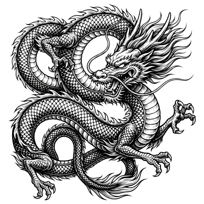 参考上传图片的黑白线稿中国龙纹身版画风格，重新生成全新构图的东方神龙图案，保留锐利的黑色线条、传统龙鳞纹理、凌厉的龙爪与飘逸鬃毛的黑白版画纹身艺术风格，画面线条硬朗流畅，细节丰富，纯黑白无多余色彩预览效果
