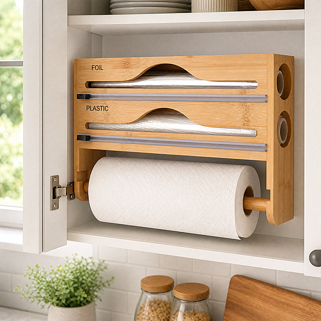 [Kitchen Scene] The 2-grid bamboo foil plastic wrap organizer installed inside a modern kitchen cabinet, realistic daily use scene. The organizer holds foil and plastic wrap rolls, with a paper towel hanging on the bottom holder. Clean modern kitchen environment, soft natural light from window. Keep product appearance, structure and material consistent with original image. 1:1 square, 2048x2048 resolution, all text in English. Negative prompt: deformation, watermark, text confusion, blurred product image, messy background.