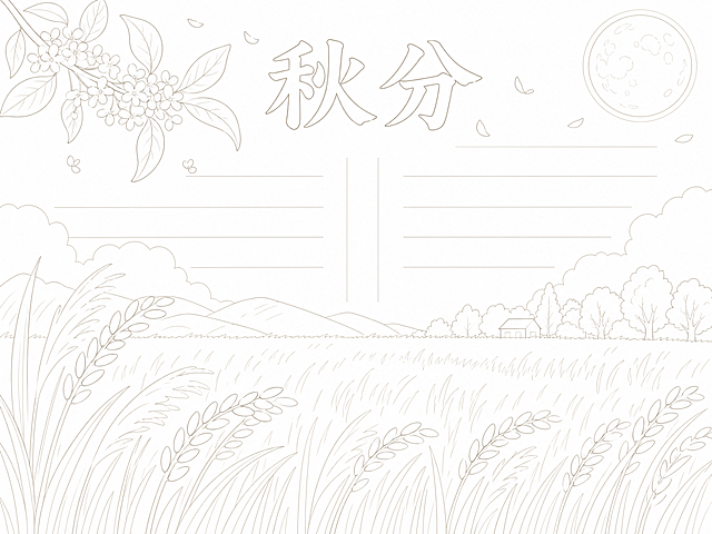 将这张秋分手抄报转换为浅色线稿图，保留原构图与轮廓，去除填充色彩，线条浅淡清晰