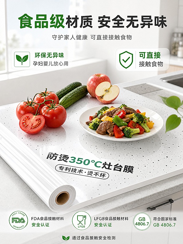 [主图-6] 环保无异味食品接触安全卖点图，品质安心型，突出食品级安全。
[统一基调] 洁净明亮厨房家居风格，主色白色+浅灰+清新绿色强调色，标题字体为粗黑体深灰色，辅助文字为中灰色，安全认证用清新绿色高亮，整体专业品质感。
[画面] 画面中央是灶台膜平铺在台面上，上面直接摆放着新鲜的蔬菜水果（西红柿、黄瓜、苹果）和一盘刚做好的菜肴，直观展示可直接接触食物。旁边有食品级安全认证徽章和绿叶元素点缀。背景是浅淡的厨房场景，干净明亮。产品占画面约55%，视角为45度俯视。
[光影质感] 商业摄影质感，自然光柔和照明，食物新鲜有光泽，灶台膜透明质感真实，整体清新安心。
[配色] 白色台面+浅灰背景+新鲜食物自然色+绿色安全强调色，整体健康安心。
[文字版式] 顶部大标题"食品级材质 安全无异味"，其中"食品级"用绿色加粗；左侧标注"环保无异味 孕妇婴儿放心用"；右侧标注"可直接接触食物"；底部有"通过食品接触安全检测"小字配认证徽章图标。文字清晰不遮挡产品和食物主体。
[输出要求] 比例3:4，文字清晰可读，产品清晰完整，无变形，无错字，无水印，无平台Logo。