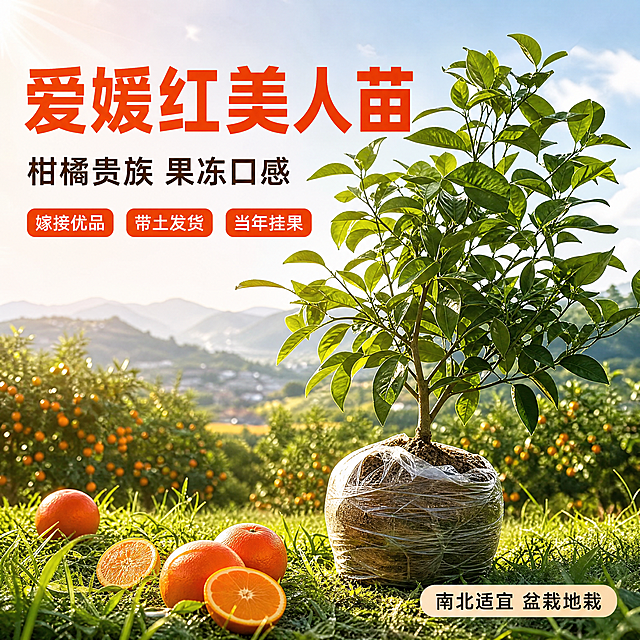 [主图-1] 爱媛红美人树苗首图点击率海报，真实摄影风格。
[统一基调] 真实商业摄影质感，高端精致田园风，橙红+翠绿主色调，粗黑体标题，简洁专业高端，淘宝/天猫品质感。
[画面] 爱媛红美人树苗带土球置于画面中央偏右，占比约55%-60%，树苗枝叶茂盛翠绿，叶片宽大厚实有光泽，典型爱媛叶片形态，土球饱满带保鲜膜包裹，真实自然有树皮纹理；左侧留标题区，背景为真实阳光果园远景，有成片柑橘树、蓝天、远山、白云，阳光穿透树叶形成丁达尔效应；前景有绿色草地和几枚橙红色爱媛大果实点缀；整体真实照片效果，无绘画感。
[光影质感] 左上方自然阳光照射，右下柔和自然投影，叶片通透有光泽，阳光穿过叶片形成光斑，整体明亮温暖，真实感极强，高端商业摄影质感。
[配色] 背景浅橙到浅绿渐变 #FFF3E0 → #E8F5E9；主色橙红 #E65100；辅助色翠绿 #2E7D32、金色点缀、米白。
[文字版式] 左上标题区，主标题「爱媛红美人苗」大号粗黑体橙红色；副标题「柑橘贵族 果冻口感」中号深棕色；标题下方三个卖点标签「嫁接优品」「带土发货」「当年挂果」橙红圆角小标签；右下角小信息条「南北适宜 盆栽地栽」；文字不遮挡树苗主体，清晰可读。
[输出要求] 1:1 方图比例，4K 分辨率，文字清晰，产品清晰，真实摄影质感；负向：绘画风格，插画，3D渲染，卡通，手绘，树苗变形，颜色偏差，水印，文字错乱，模糊，杂乱，平台Logo，塑料感。