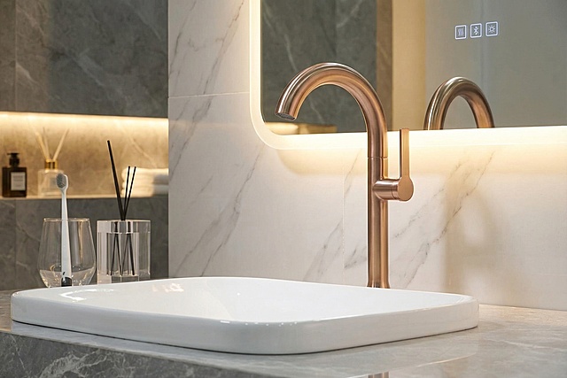 将图中的洗手盆水龙头改成拉丝玫瑰金材质，重新生成一个高端现代化浴室场景，呈现产品高级质感，风格和之前的大淋浴套装案例保持一致