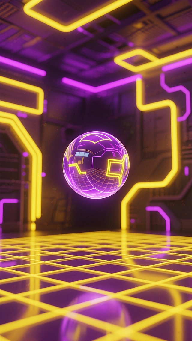 未来感赛博朋克风，霓虹灯与几何线条交织，科技球悬浮中央，营造炫目视觉盛宴。