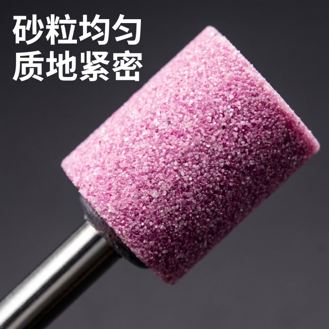 [主图 3] 加长红刚玉砂轮磨头细节特写
[氛围风格] 专业质感，微距突出细节
[画面元素] 商业摄影质感，光线硬朗高对比，产品清晰真实，画面干净高级。聚焦放大砂轮头部的砂粒纹理，使用微距特写展示红刚预览效果