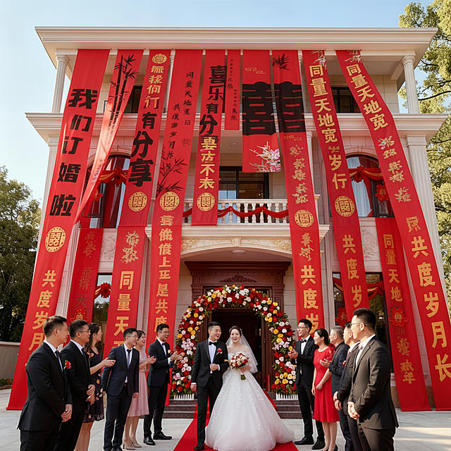 最右边的条幅摆正  地面增加新娘新郎宴请宾客