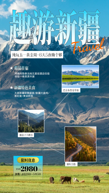 五一新疆出行旅游团购简约图文宣传竖版海报预览效果
