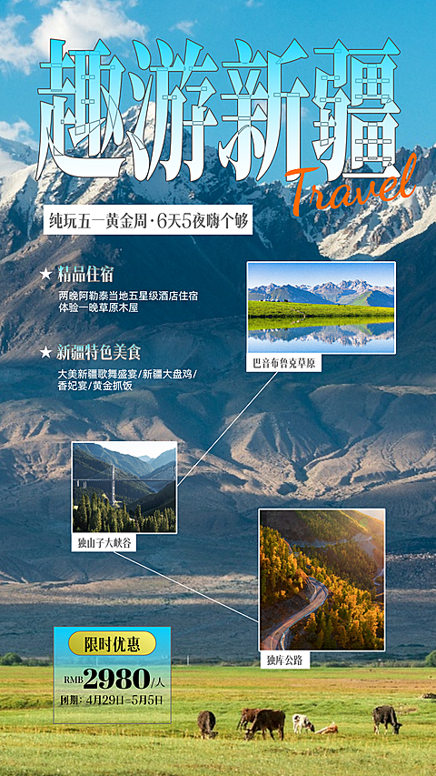 五一新疆出行旅游团购简约图文宣传竖版海报