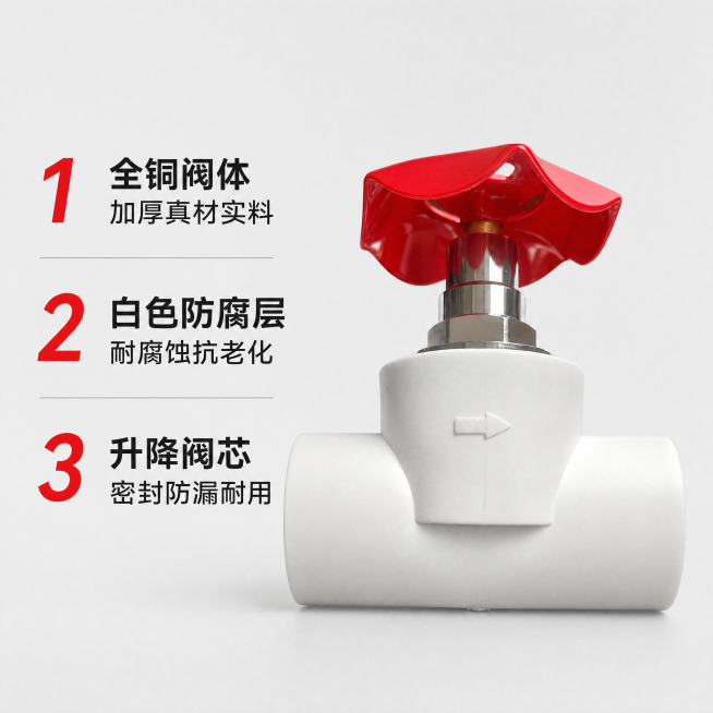 [主图-2] ppr铜芯升降式截止阀卖点展示。简洁清晰拼多多风格。产品偏右展示，保留原图外观，左侧竖向排列卖点：1全铜阀体 加厚真材实料 2白色防腐层 耐腐蚀抗老化 3升降阀芯 密封防漏耐用，编号红色预览效果