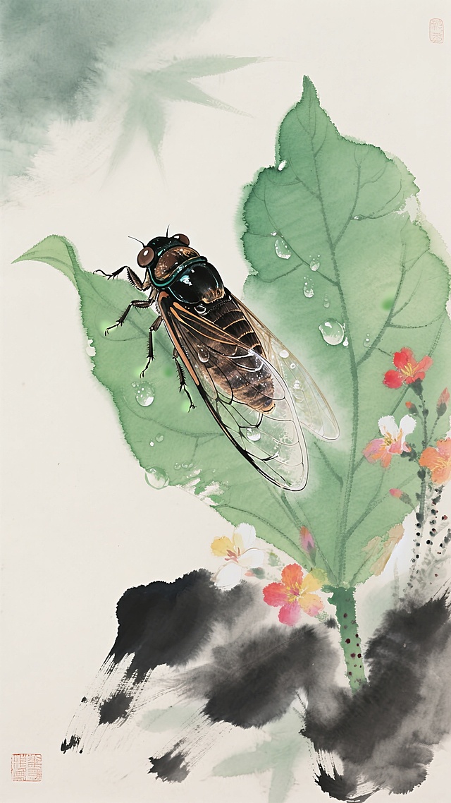 一只蝉趴在嫩绿的树叶上，蝉的翅膀上挂着晶莹的露水，背景为树叶旁边点缀着几朵鲜艳的小花，色彩柔和，与嫩绿的树叶形成鲜明对比。整体画面宁静清新，展现出夏日自然的美感与禅意。
