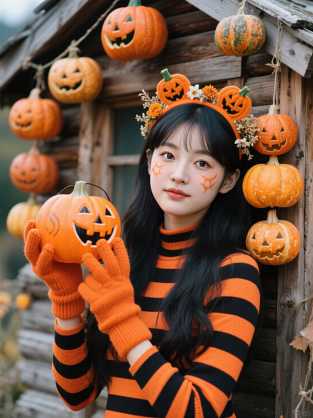 双色条纹毛衣搭配南瓜发饰，轻拟物风与实景感结合，营造出喜庆、可爱又梦幻的万圣节氛围，温暖治愈中透着趣味。