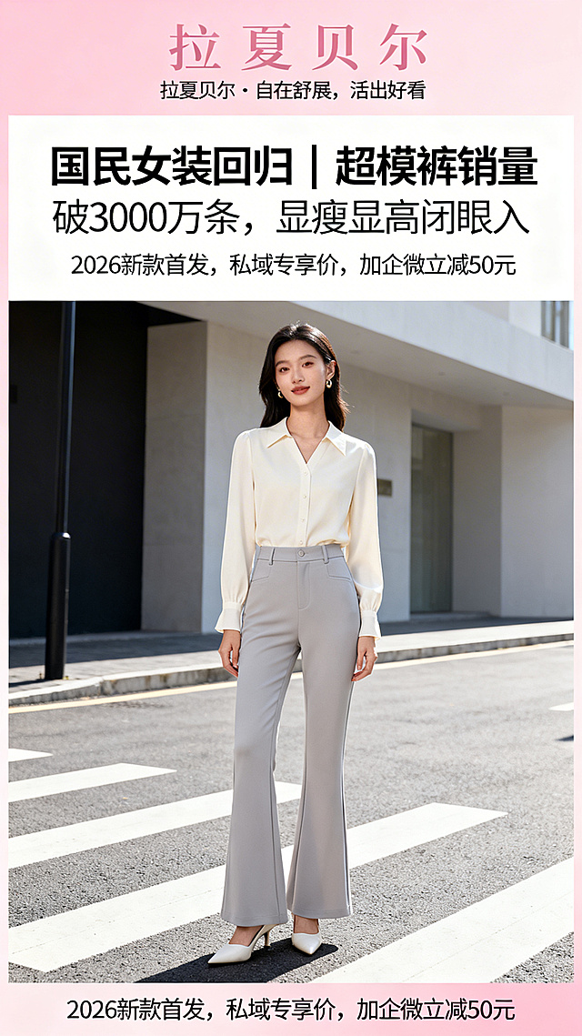 拉夏贝尔2026新款超模裤主视觉图，25岁都市女性模特上身高腰微喇款超模裤全身图，背景为简约都市街头，搭配品牌slogan“拉夏贝尔・自在舒展，活出好看”，主标题“国民女装回归｜超模裤销量破3000万条，显瘦显高闭眼入”，副标题“2026新款首发，私域专享价，加企微立减50元”，品牌粉+米白+浅灰配色，简约高级风格