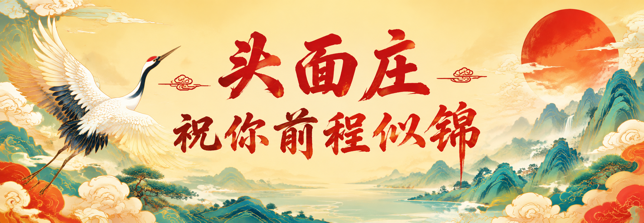 国潮风横幅插画，左侧飞鹤展翅、右侧红日，青绿色山水祥云背景，中… - 图片创意预览