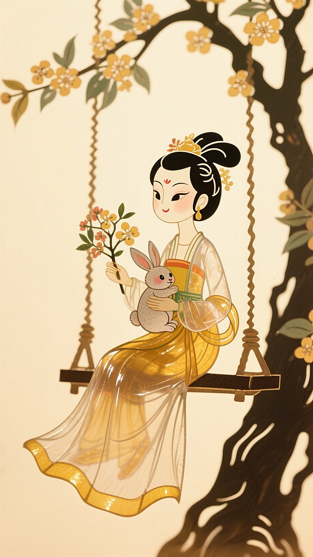 一个嫦娥装扮的迷你的Q版小女孩（坐在桂花树的秋千上）拿着一支桂花，怀里有一只兔子，干净的浅黄色背景