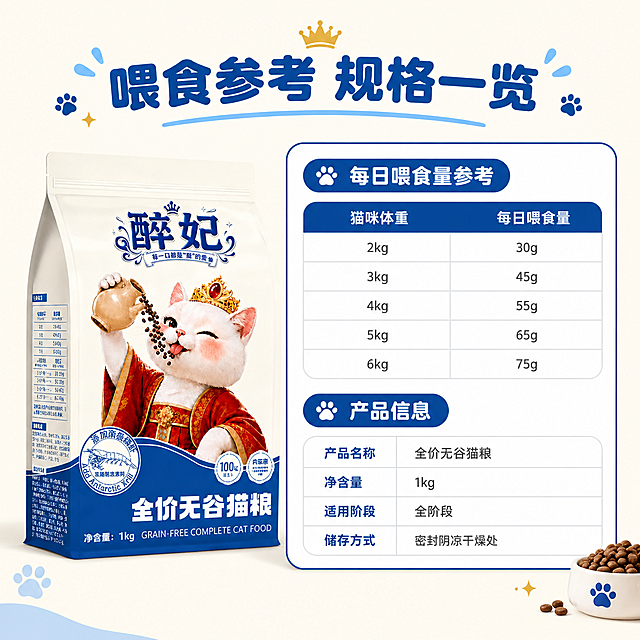 [主图-3] 规格参数图 喂食标准与产品规格信息图
[统一基调] 米白/奶白色主背景 + 深蓝色强调色 + 金色点缀 + 浅蓝辅助色 + 白色圆角卡片 + 圆润可爱无衬线字体 + 深蓝色主标题字色
[画面] 画面左侧放置一袋醉妃全价无谷猫粮 产品占画面约35% 正面微侧视角 包装完整清晰 右侧放置一个大的白色圆角规格表卡片 卡片占画面约50% 卡片内分上下两个区域 上方是喂食参考表 按体重分档展示 下方是产品基础信息 卡片有细深蓝色边框 整体左右布局 信息清晰易读 产品不被遮挡
[光影质感] 商业摄影质感 柔和均匀光线 产品有自然立体感 规格卡片平整干净 阴影柔和 整体明亮清晰
[配色] 米白色背景 深蓝色标题和表格表头 白色卡片底 浅灰色表格分隔线 表格内文字深灰色 整体色系统一
[文字版式] 画面顶部大标题"喂食参考 规格一览" 深蓝色粗体圆润大字 居中 规格卡片内 上方区域标题"每日喂食量参考" 深蓝色 稍小字号 下方表格形式 左列"猫咪体重" 右列"每日喂食量" 具体行：2kg / 30g 3kg / 45g 4kg / 55g 5kg / 65g 6kg / 75g 下方区域标题"产品信息" 深蓝色 稍小字号 内容：产品名称 全价无谷猫粮 净含量 1kg 适用阶段 全阶段 储存方式 密封阴凉干燥处 表格表头深蓝色 内容深灰色 说明文字字号比标题小50%以上 字体统一圆润无衬线体
[输出要求] 1:1正方形 产品清晰不变形 表格文字清晰可读 无水印 无平台Logo 无功效类表述 负向：变形 错字 模糊 杂乱 水印 平台标识 极限词 医疗功效