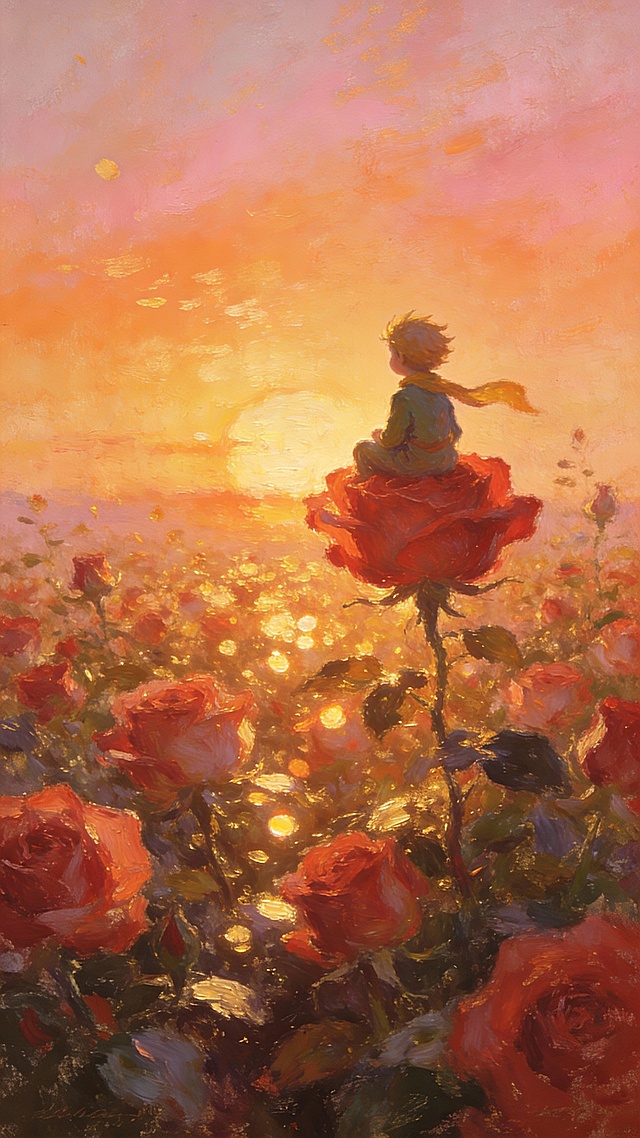 在茫茫的玫瑰花中，小王子坐在一朵红色玫瑰花上看日落，莫奈风格，超细节，梦幻场景治愈配色，油画风格，有机理感