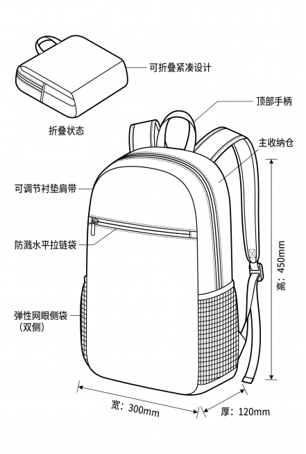 参考之前简约线稿风格，生成这款黑色可折叠双肩背包的专业设计线稿，线条尽量平直无弯曲，只保留必要轮廓，去掉多余线条，黑白线条，白底，画面简洁，体现专业性预览效果