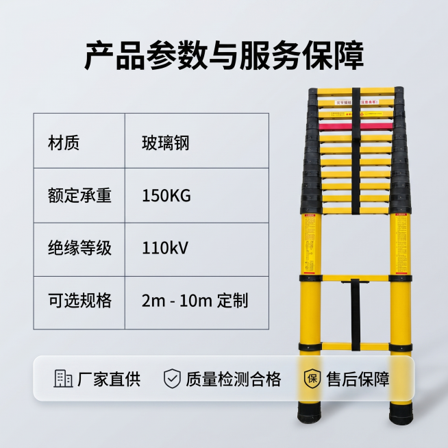 [主图 5] 玻璃钢绝缘梯规格参数与服务承诺图
[氛围风格] 专业严谨，清晰直观
[画质] 商业摄影质感、光线均匀通透、文字清晰锐利、画面干净高级
[元素] 右侧放置折叠收缩状态的伸缩绝缘梯，左侧用极预览效果
