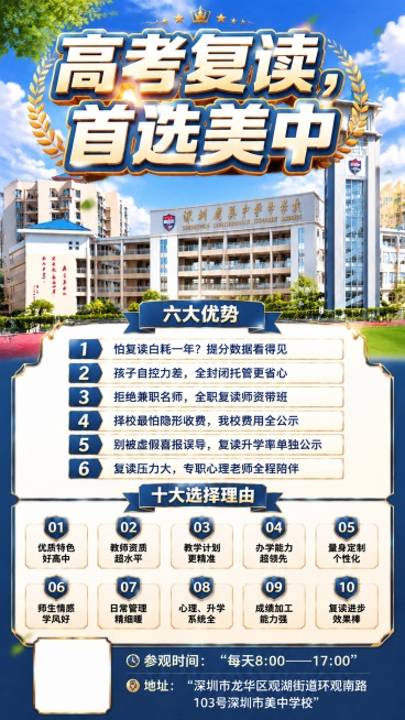 修改这张高考复读招生海报，要求：1. 标题"高考复读，首选美中"进一步加大字号，做的更醒目突出；2. 调整学校塔楼位置，修正错位问题；3. 缩小下方十大理由的字体大小，放大上方六大优势和标题的字号，让预览效果