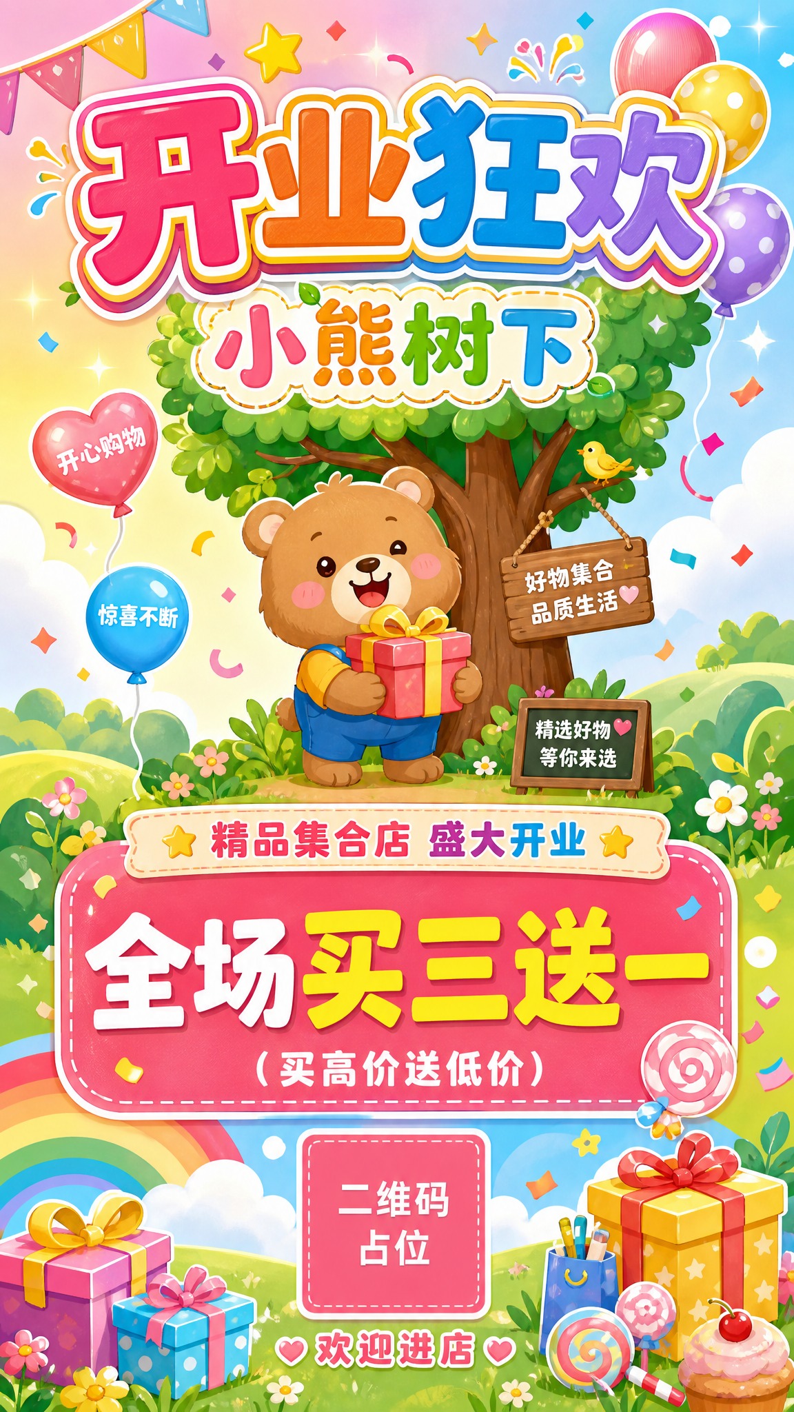 一张卡通风格的精品集合店开业海报，竖版9:16，整体氛围亲和、… - 图片创意预览