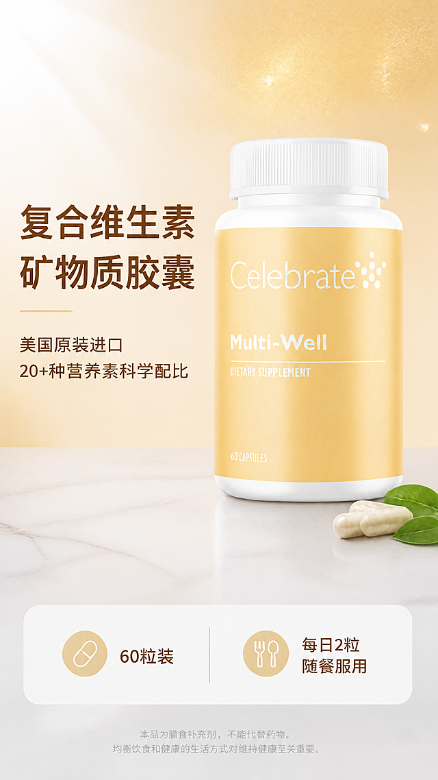 电商详情页头图，Celebrate Multi-Well复合维生素矿物质胶囊产品全貌海报。产品瓶身置于画面中央偏右，正面展示，黄色标签和白色瓶盖完整清晰。左侧为标题文案区。背景为暖金色渐变，点缀细微光点。台面为浅灰色大理石质感，产品下方有柔和投影。左上方主光源柔和打亮瓶身，整体明亮通透，专业医疗保健品质感。版式为左文右物加底部信息条。主标题：复合维生素矿物质胶囊。副标题：美国原装进口 20+种营养素科学配比。底部信息条左侧60粒装，右侧每日2粒随餐服用。文字不遮挡瓶身。商业摄影质感，高端健康风格。