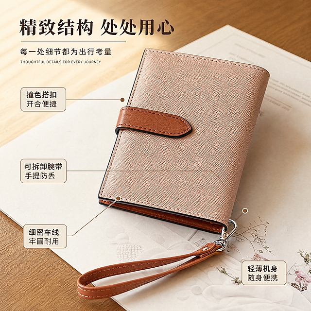 [商品] 使用【图2】粉色护照包侧面腕带特写；商品处理：保留十字纹粉色皮面、棕色搭扣、棕色腕带、金属挂扣、包边缝线和包型厚度；增强皮纹肌理、缝线立体感和五金高光，不改变版型、颜色和结构。
[画面] 目标：包型与结构解析页，展示整体廓形与关键结构。构图：产品斜放在画面中央偏右，左侧和上方留白放引线标注；主体占画面55%，背景为暖白色杂志页+暖木桌面，柔和自然光；从搭扣、腕带挂扣、包身边油、包口厚度四个位置引出细线标签；阅读动线从左上标题到产品再到各标注点。
[视觉] 套系策略：风格=轻复古杂志风皮具商业摄影；标题字=复古衬线粗体+英文无衬线副标；正文字=简洁无衬线体；主色=焦糖棕；背景延展=基于焦糖棕做深浅层级、暖木色渐变和细腻纸张/皮革质感；强调色=米杏色，仅用于小面积图标、引线和标签底衬；标题色=深棕褐；正文色=暖中灰；组件=圆角浅棕信息卡、细棕线引线、复古标签；光影=左上暖柔光，柔和投影。
[文字] 左上主标题「精致结构 处处用心」，副标题「每一处细节都为出行考量」；4处引线标注：「撞色搭扣 开合便捷」「可拆卸腕带 手提防丢」「细密车线 牢固耐用」「轻薄机身 随身便携」；文字全部横排，标签不遮挡包身主体。
[规格] 图片比例1:1，4K，medium；避免变形、错字、文字过小、冷蓝背景、包型失真、颜色改变。