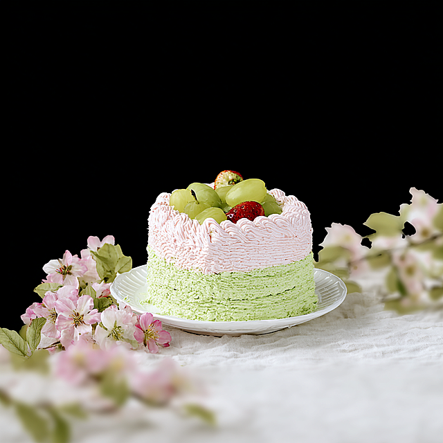 Put the cake from image1, use the color scheme from image2 (light green, pink, warm tones) and the spring atmosphere, arrange the composition according to image3. The cake is placed on a white plate in the center, with a soft blurred background of matching colors, natural fusion of cake and background, natural gourmet light and shadow, no text in the picture.